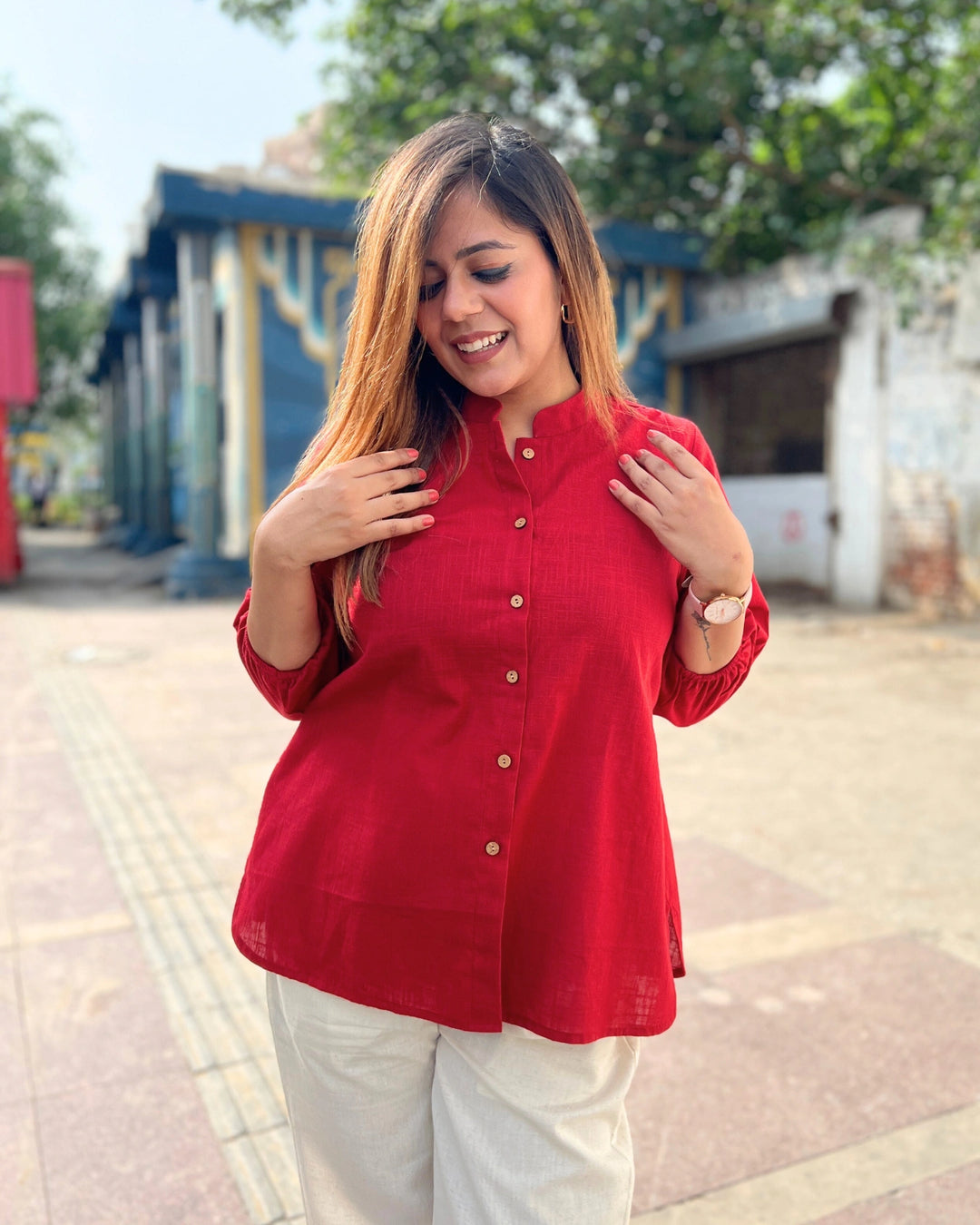 Deep Red Cotton Slub Shirt For Women