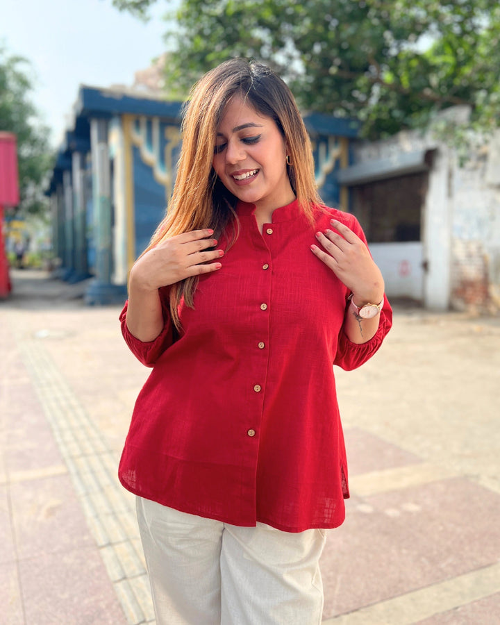 Deep Red Cotton Slub Shirt For Women