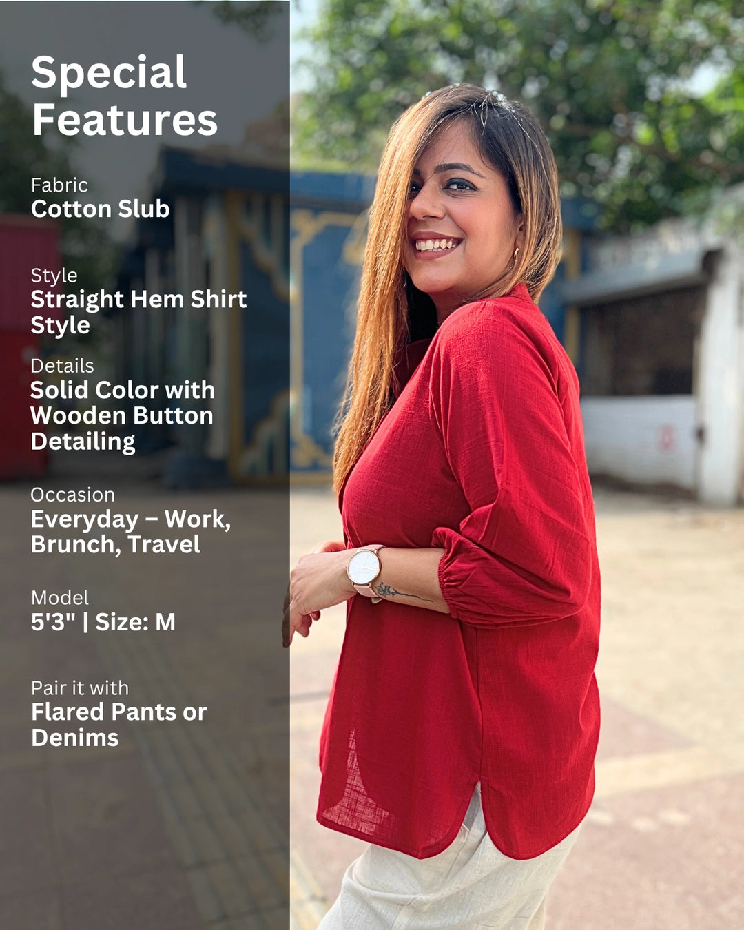 Deep Red Cotton Slub Shirt For Women