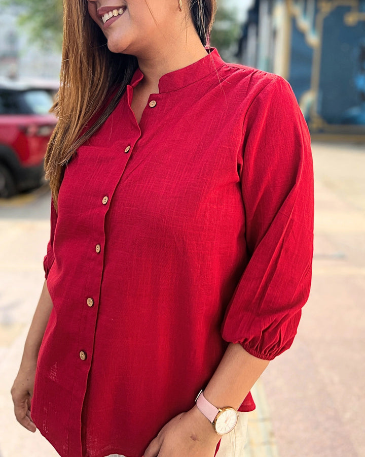 Deep Red Cotton Slub Shirt For Women