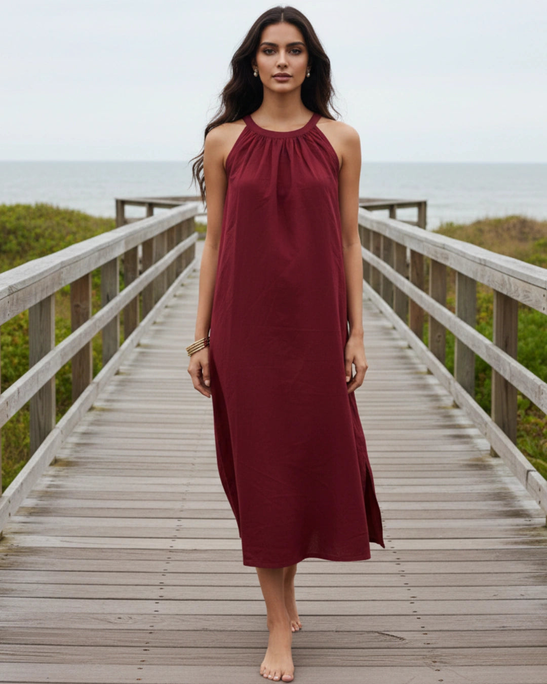 Deep Red Halter Neck Back Tie Flex Dress For Women