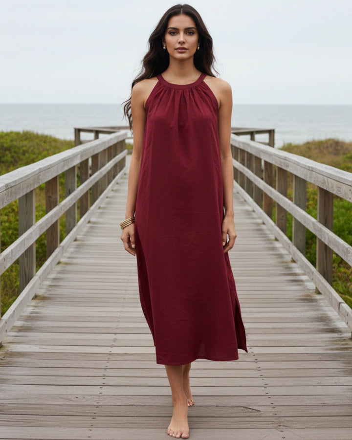 Deep Red Halter Neck Back Tie Flex Dress For Women