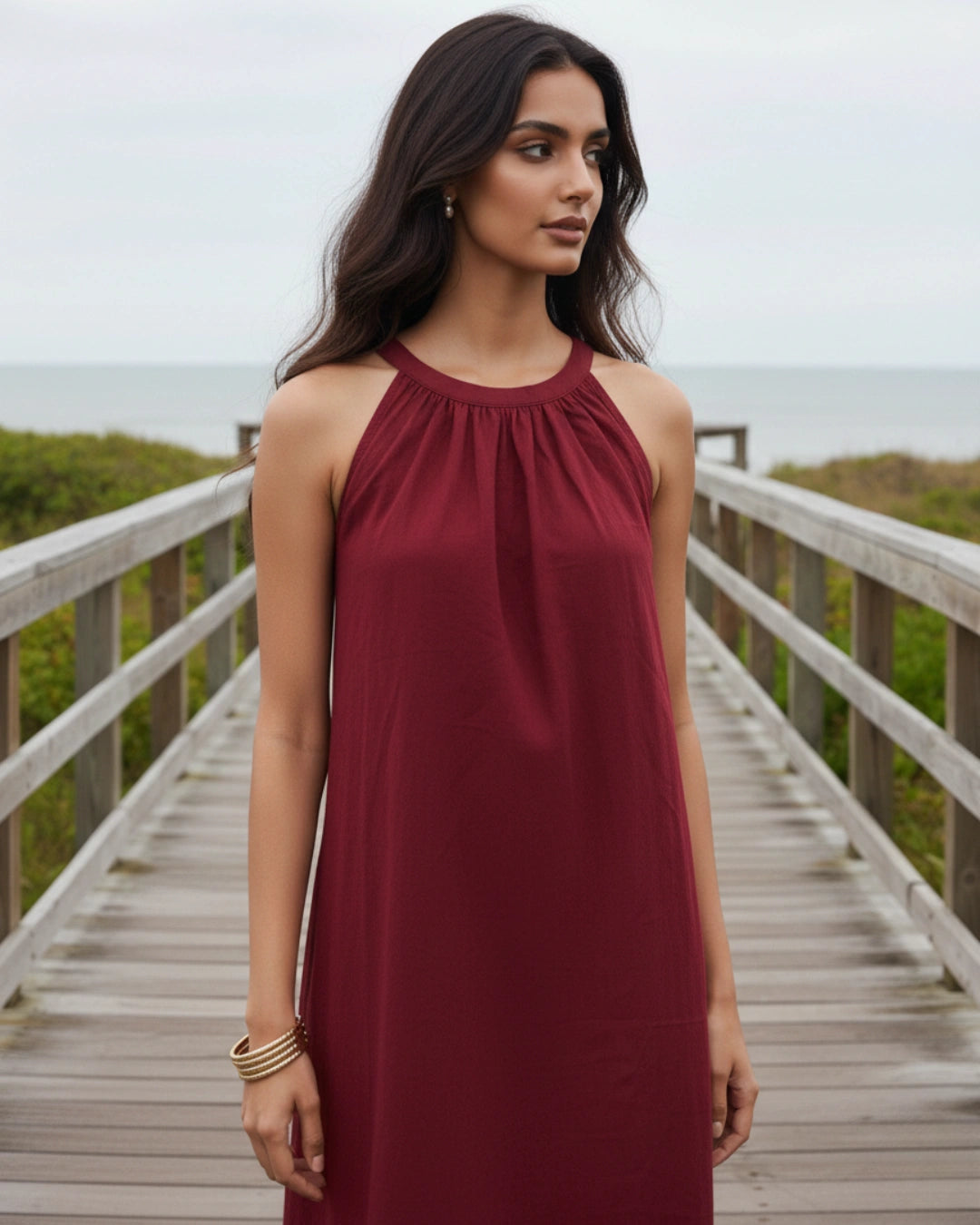 Deep Red Halter Neck Back Tie Flex Dress For Women