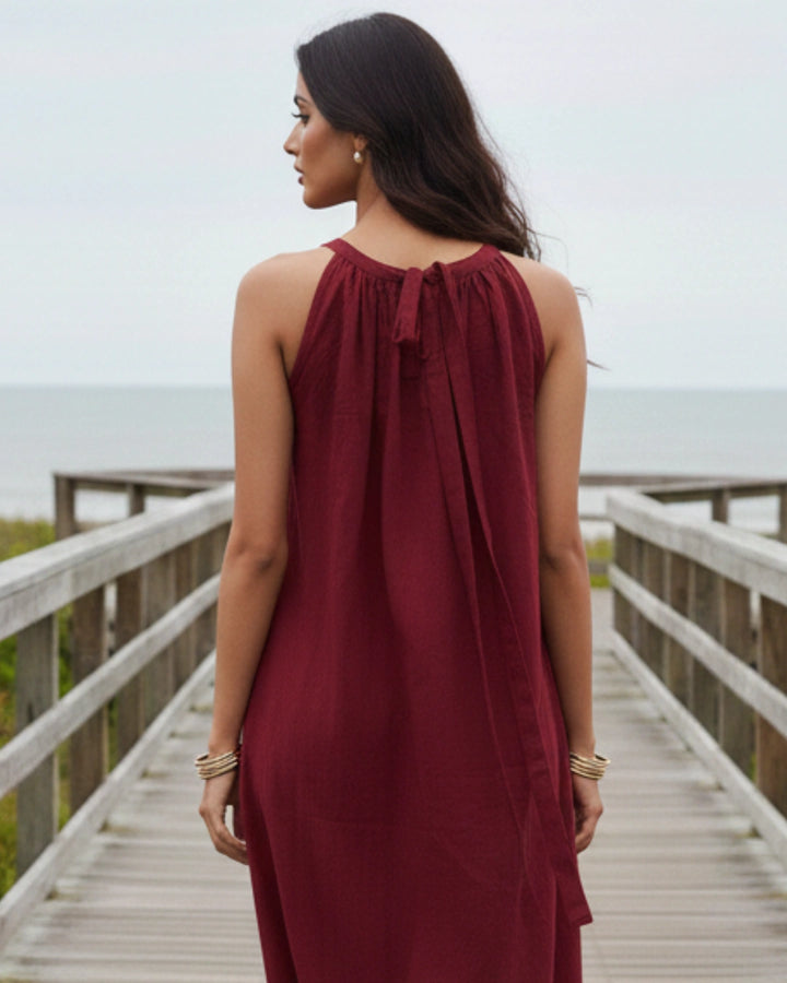 Deep Red Halter Neck Back Tie Flex Dress For Women