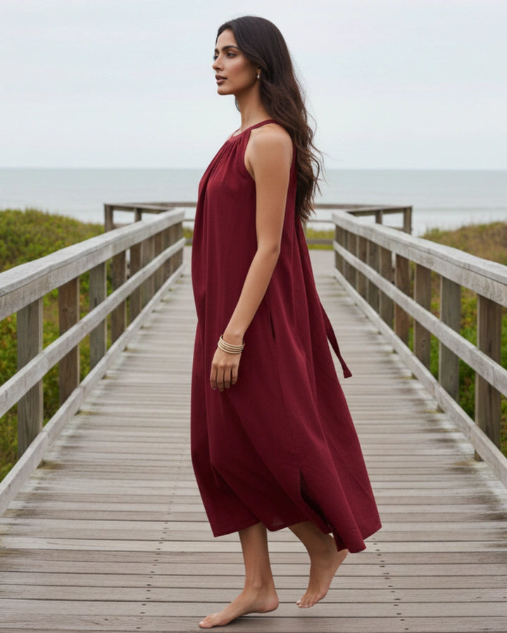 Deep Red Halter Neck Back Tie Flex Dress For Women