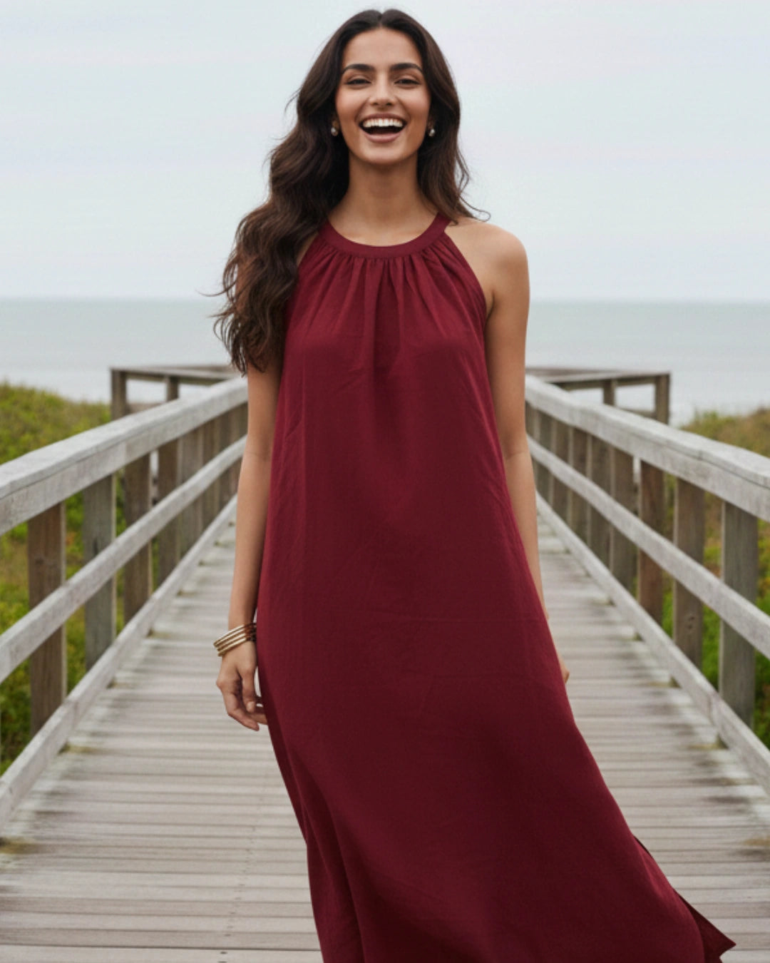 Deep Red Halter Neck Back Tie Flex Dress For Women