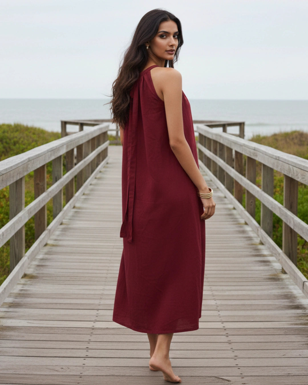 Deep Red Halter Neck Back Tie Flex Dress For Women