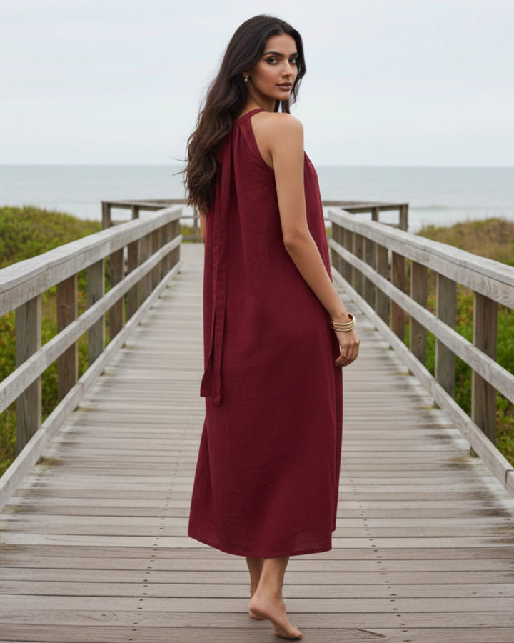 Deep Red Halter Neck Back Tie Flex Dress For Women