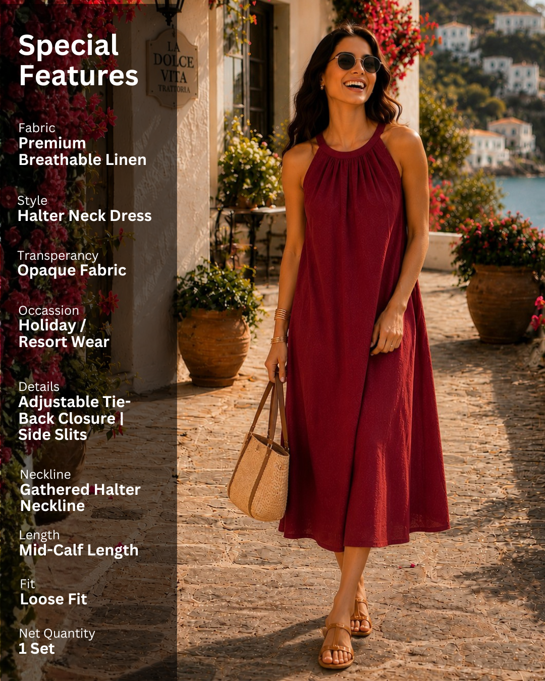 Deep Red Halter Neck Back Tie Flex Dress For Women