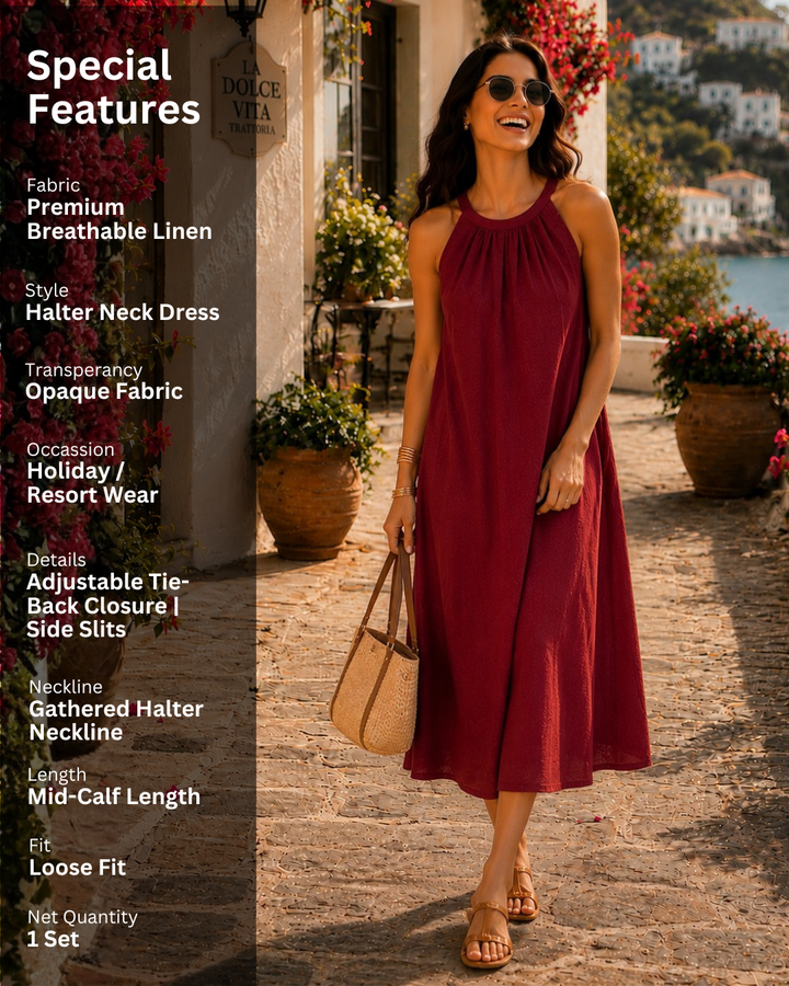 Deep Red Halter Neck Back Tie Flex Dress For Women