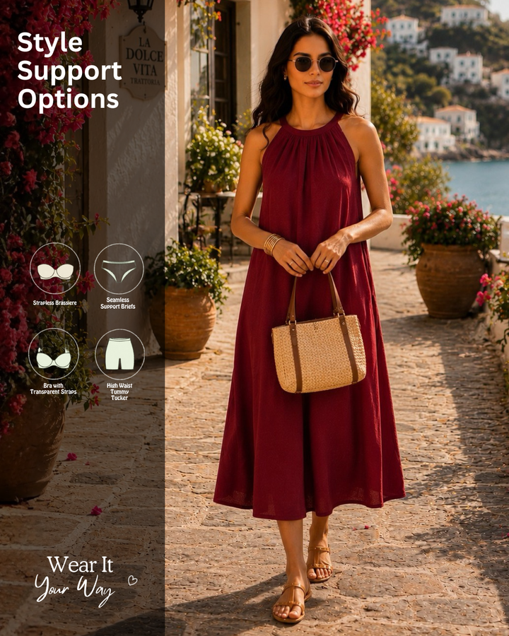Deep Red Halter Neck Back Tie Flex Dress For Women