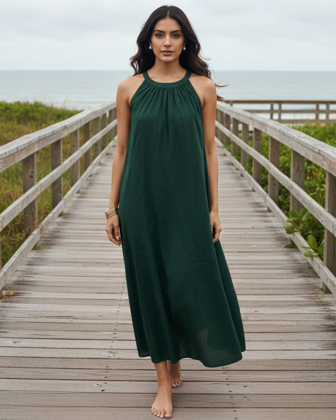 Dutch Deep Green Halter Neck Back Tie Flex Dress For Women