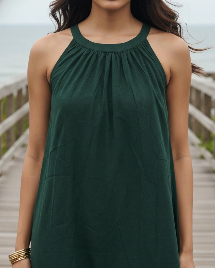 Dutch Deep Green Halter Neck Back Tie Flex Dress For Women