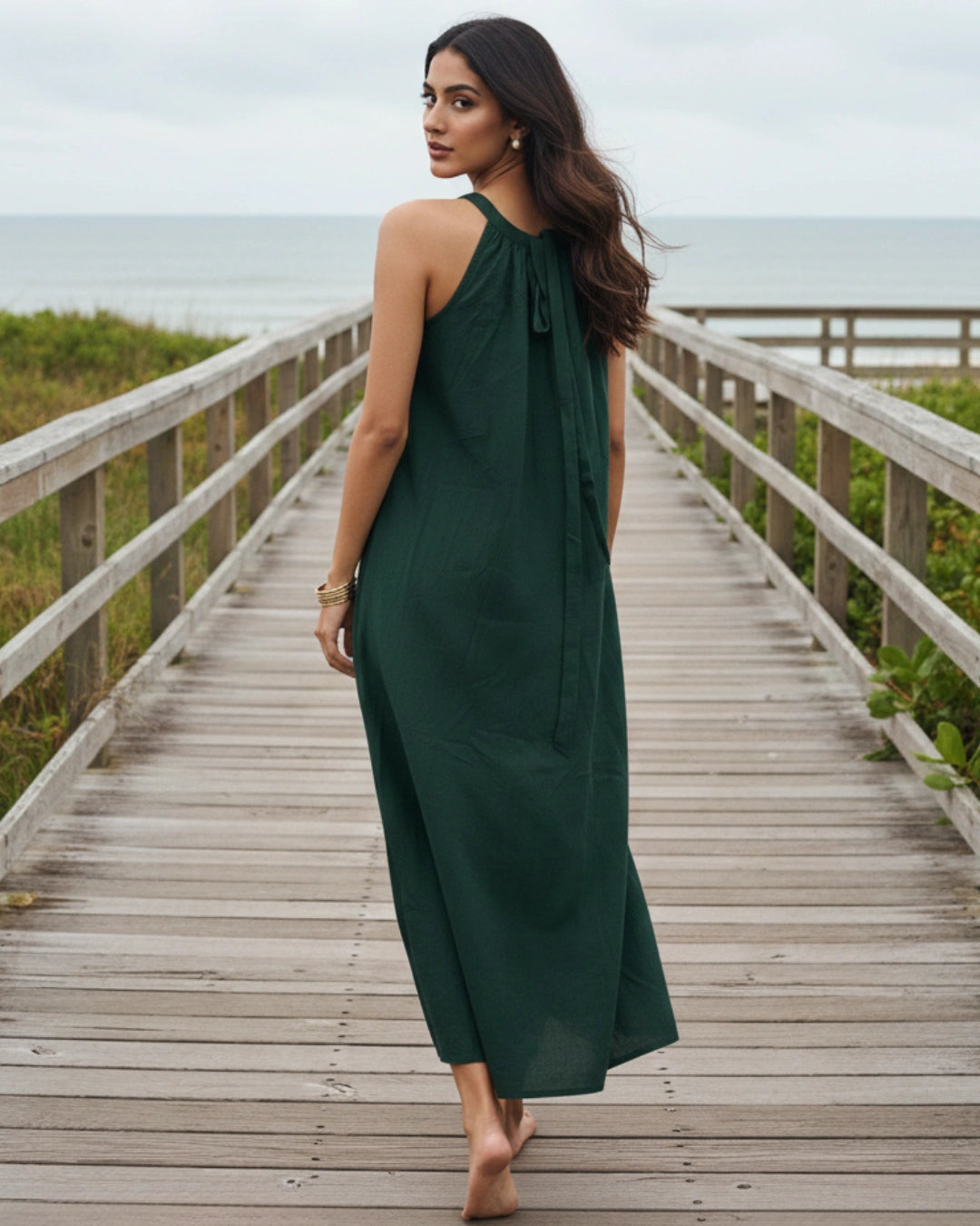 Dutch Deep Green Halter Neck Back Tie Flex Dress For Women