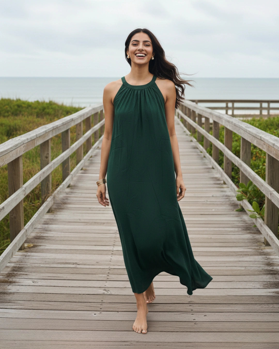 Dutch Deep Green Halter Neck Back Tie Flex Dress For Women
