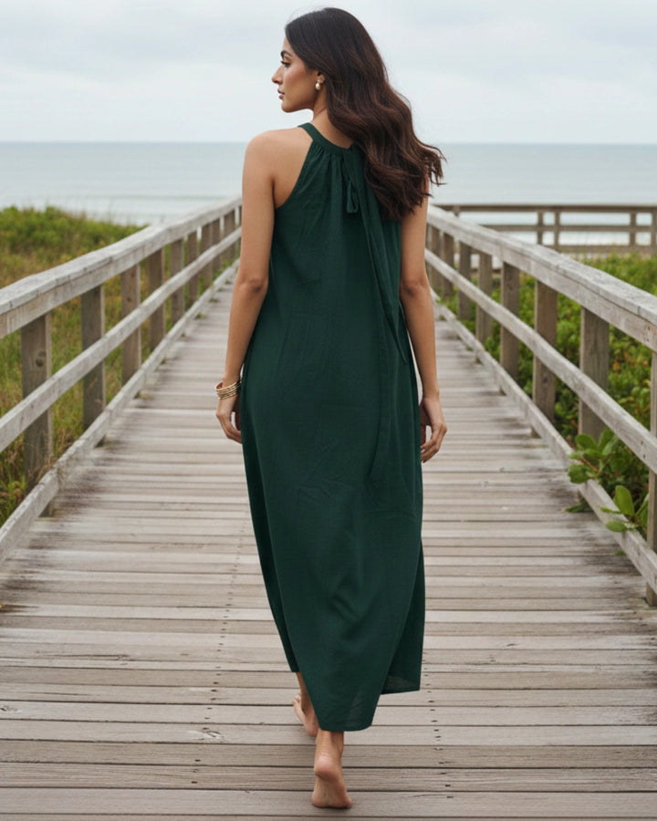Dutch Deep Green Halter Neck Back Tie Flex Dress For Women