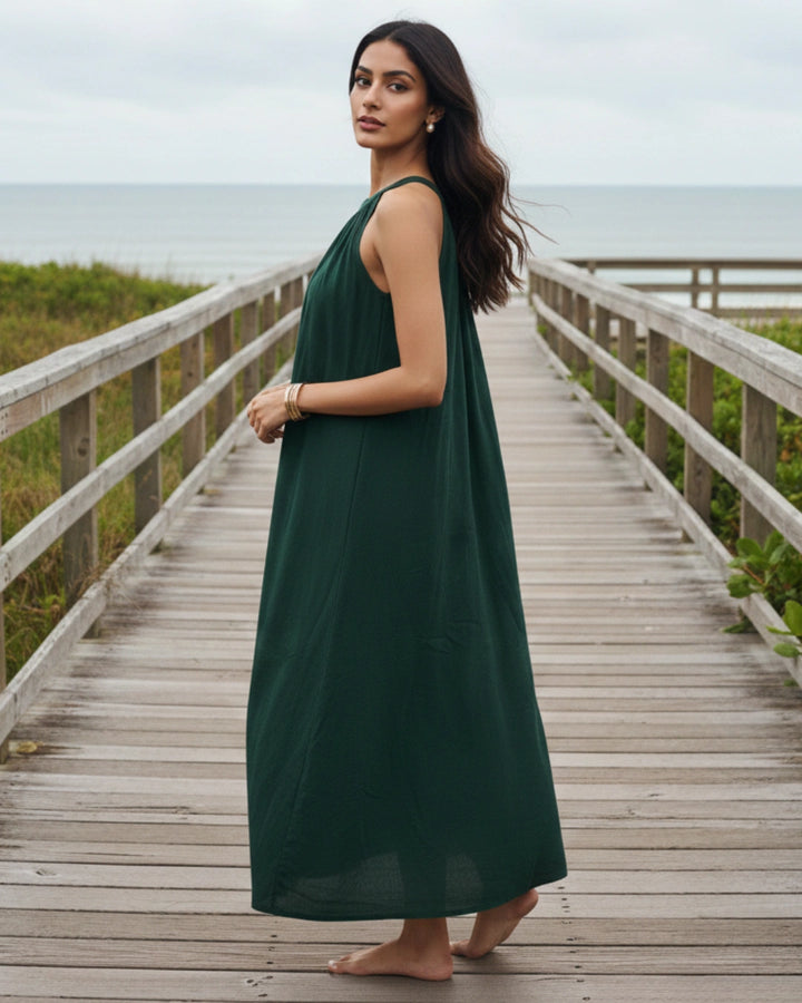 Dutch Deep Green Halter Neck Back Tie Flex Dress For Women