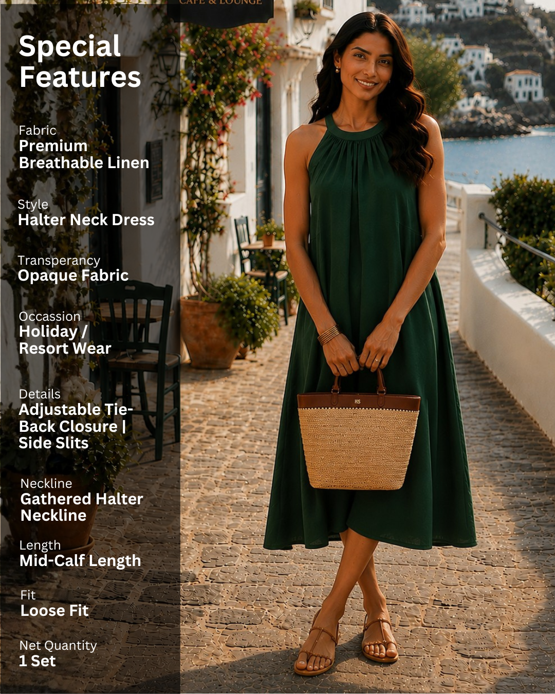 Dutch Deep Green Halter Neck Back Tie Flex Dress For Women