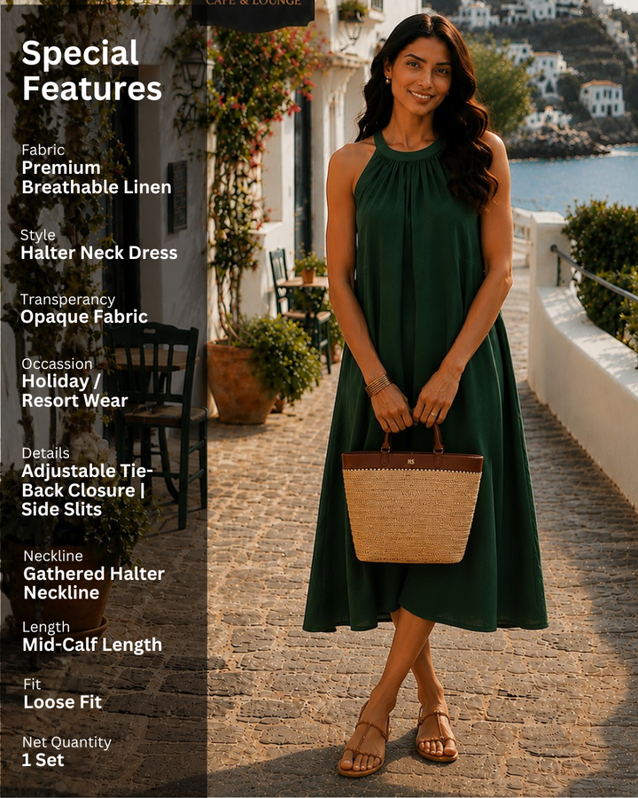 Dutch Deep Green Halter Neck Back Tie Flex Dress For Women