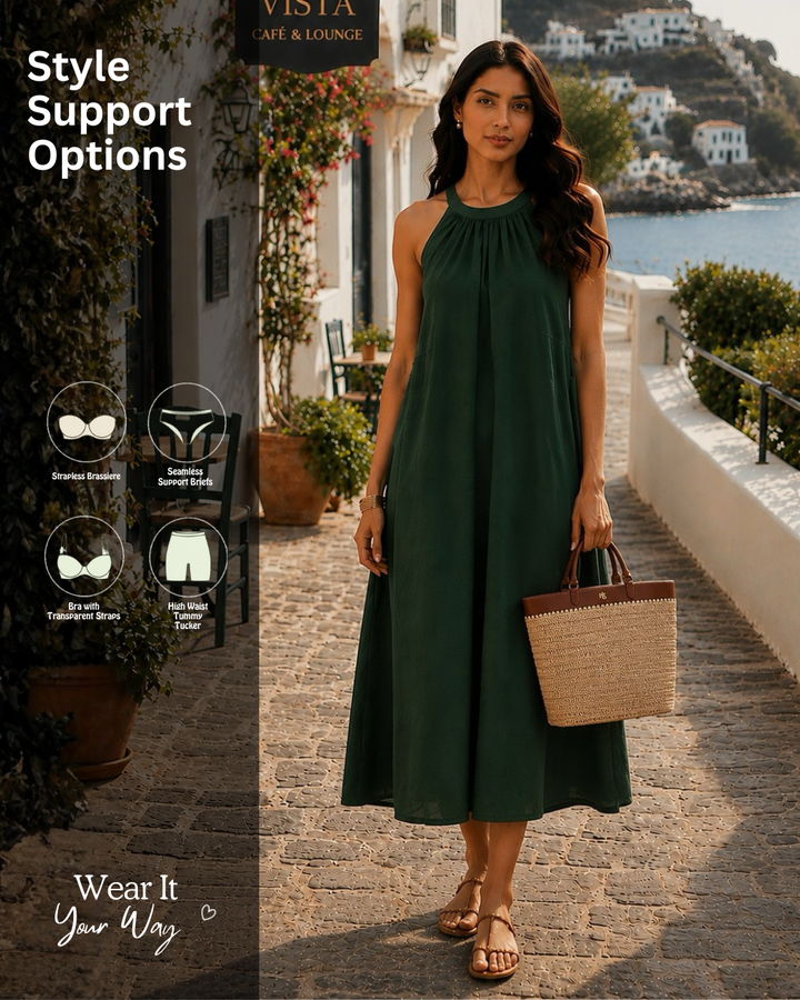 Dutch Deep Green Halter Neck Back Tie Flex Dress For Women