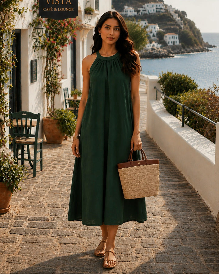 Dutch Deep Green Halter Neck Back Tie Flex Dress For Women