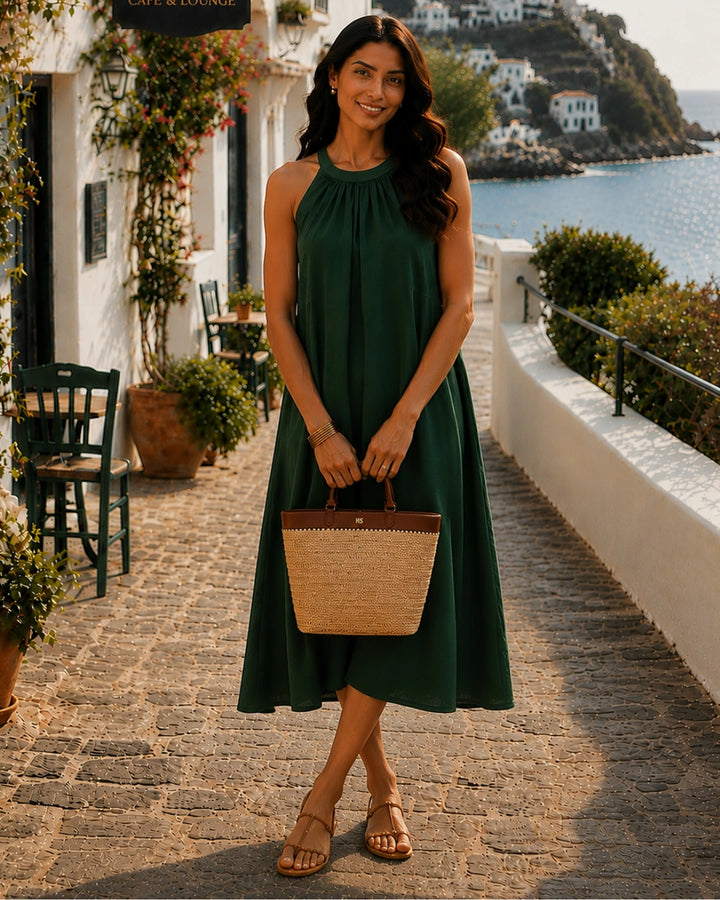 Dutch Deep Green Halter Neck Back Tie Flex Dress For Women