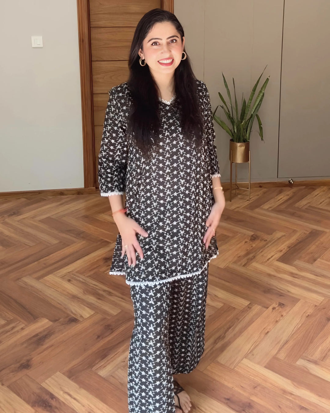 Ebony Black Schiffli Co-ord Set of 2 With Palazzo
