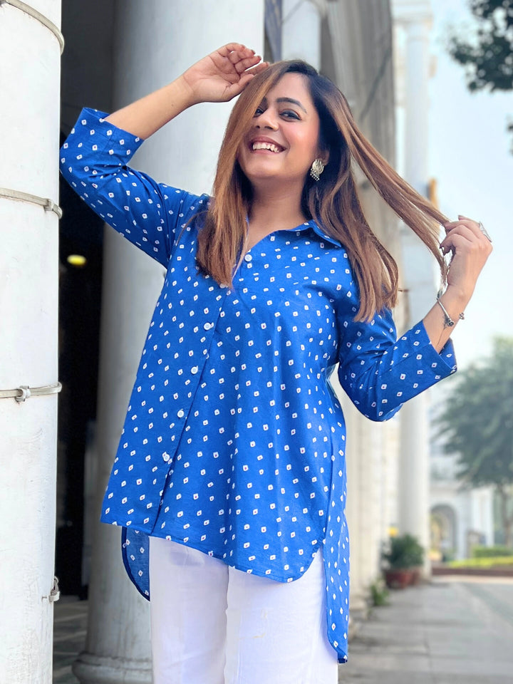 Blue Bandhani Women's Long Cotton Shirt