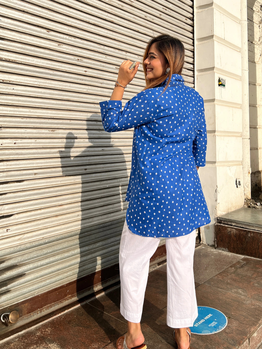 Blue Bandhani Women's Long Cotton Shirt