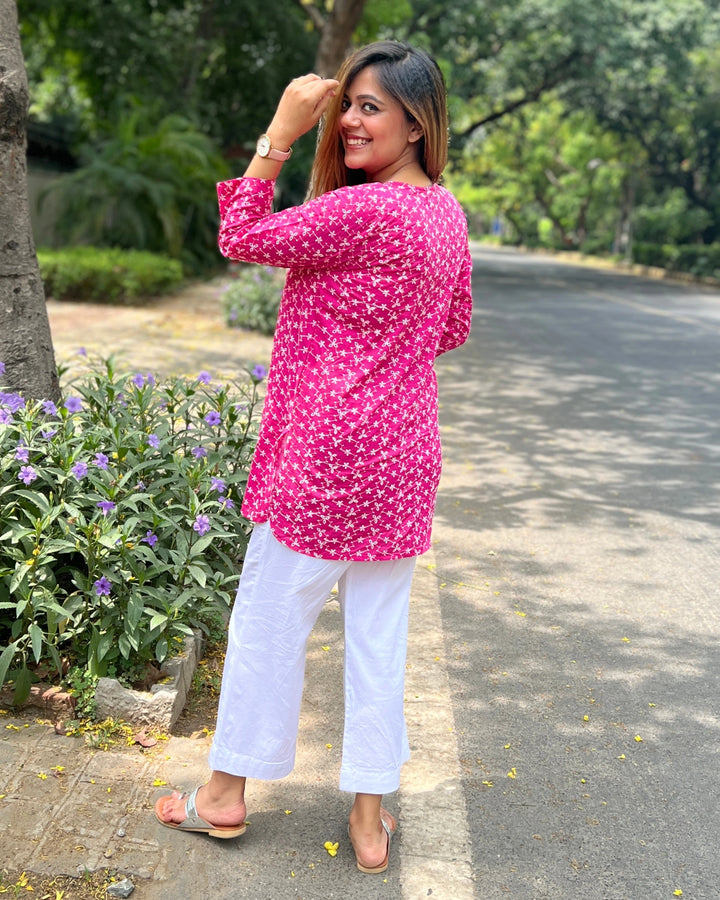 Hot Pink Embroidered Cotton Shirt For Women
