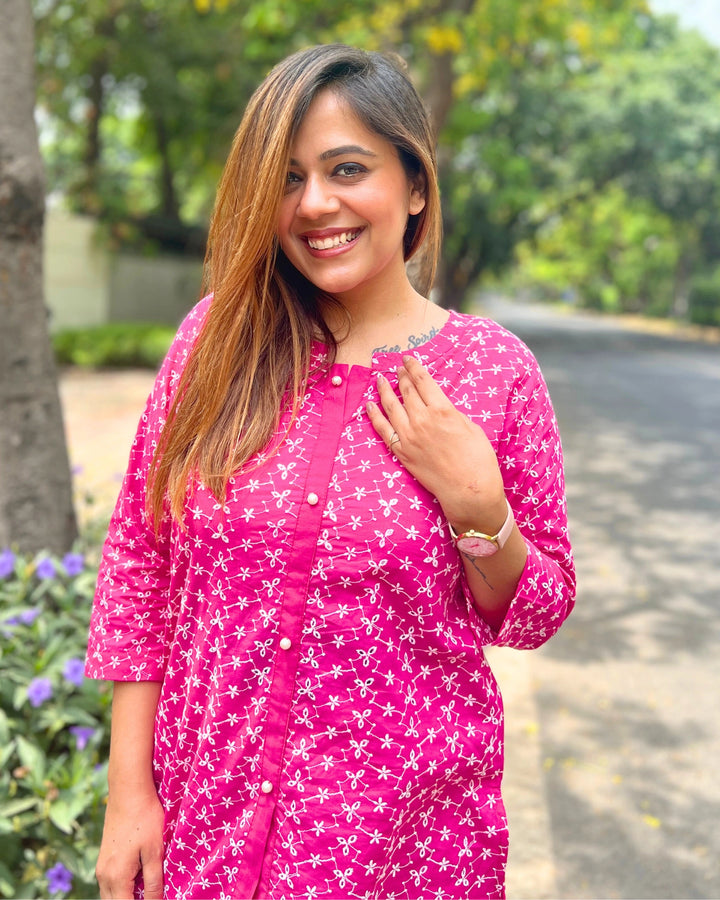 Hot Pink Embroidered Cotton Shirt For Women