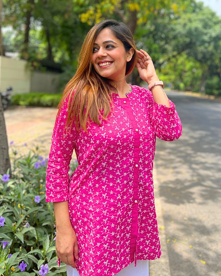 Hot Pink Embroidered Cotton Shirt For Women