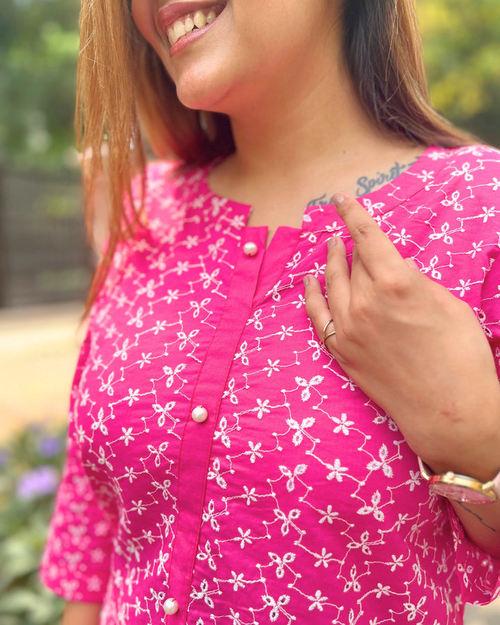 Hot Pink Embroidered Cotton Shirt For Women