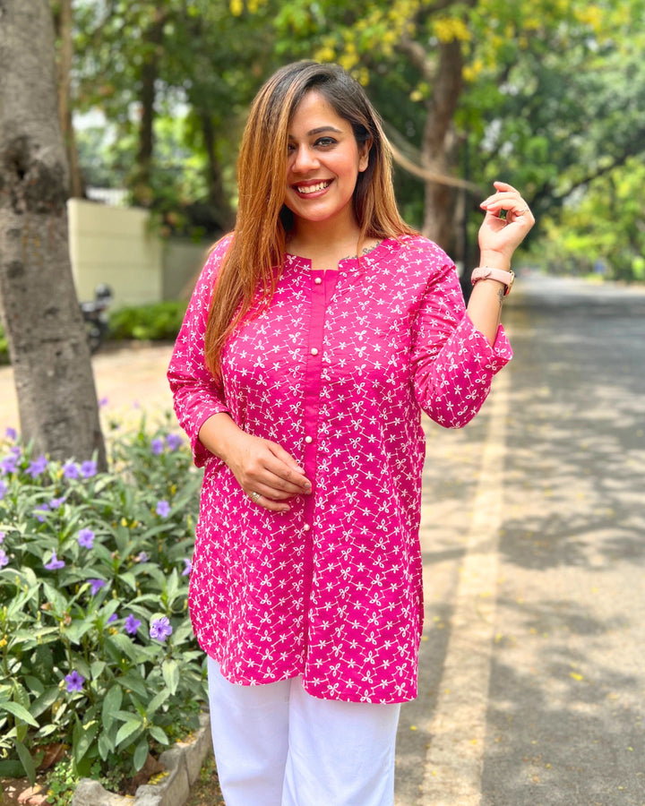 Hot Pink Embroidered Cotton Shirt For Women