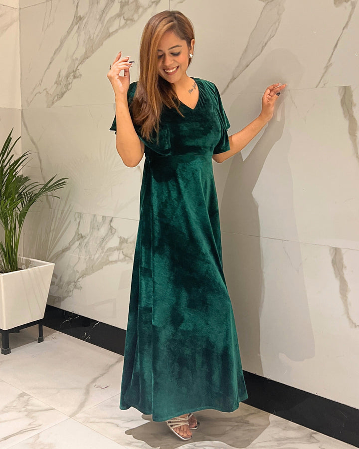 Emerald Green Flared Velvet Dress