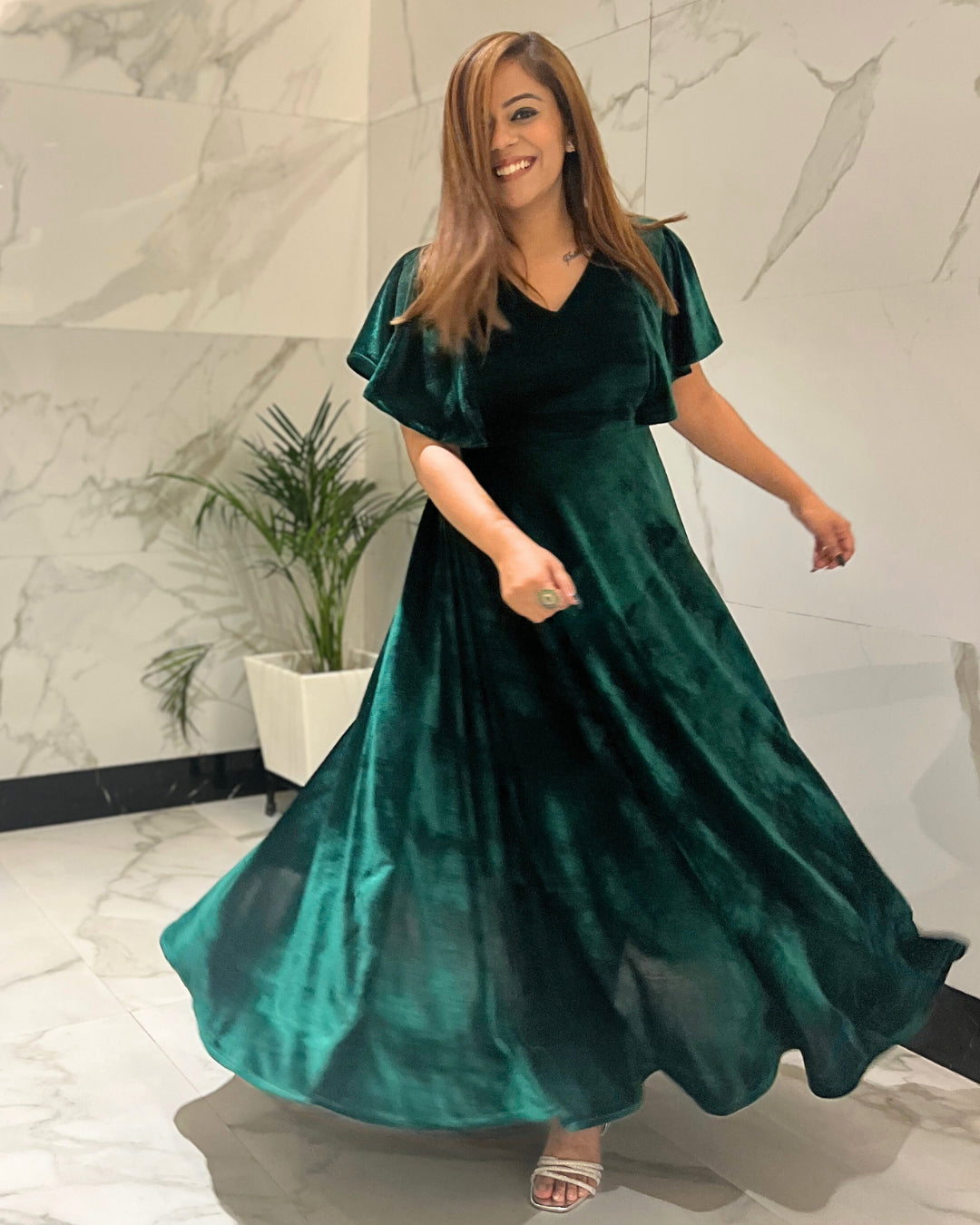 Emerald Green Flared Velvet Dress