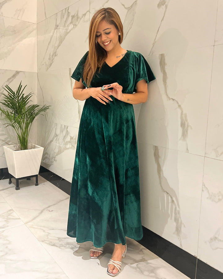 Emerald Green Flared Velvet Dress