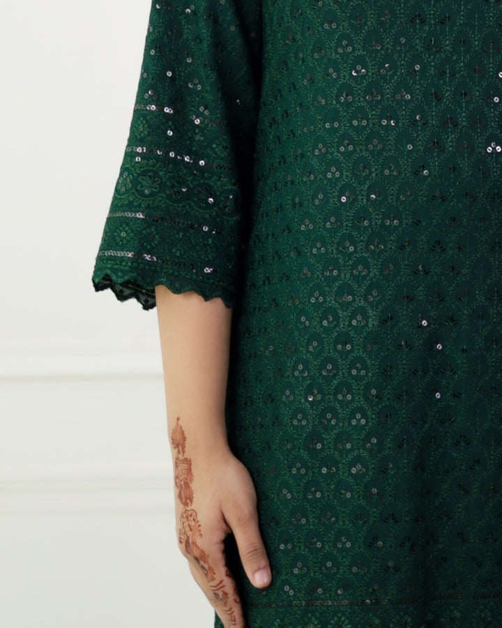 Emerald Green Chikankari Kurta & Palazzo - Set of 2