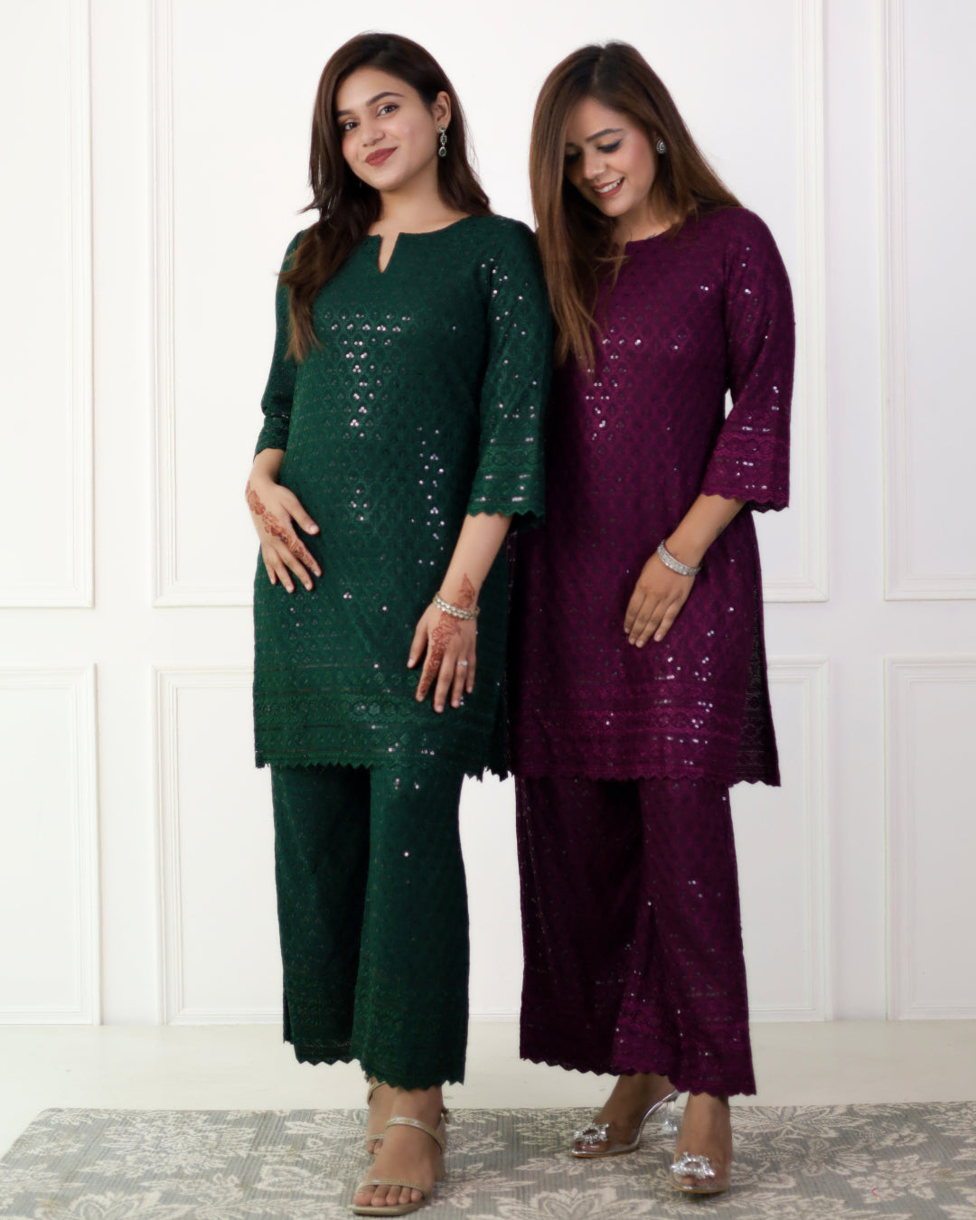 Emerald Green Chikankari Kurta & Palazzo - Set of 2