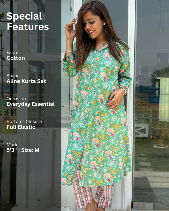 Green Floral Aline Cotton Kurta Set of 2