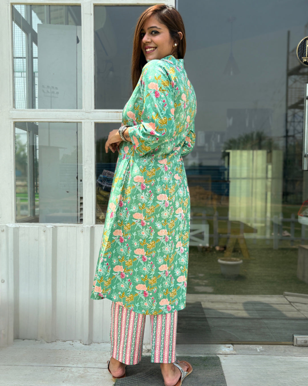 Green Floral Aline Cotton Kurta Set of 2