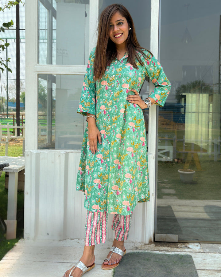 Green Floral Aline Cotton Kurta Set of 2