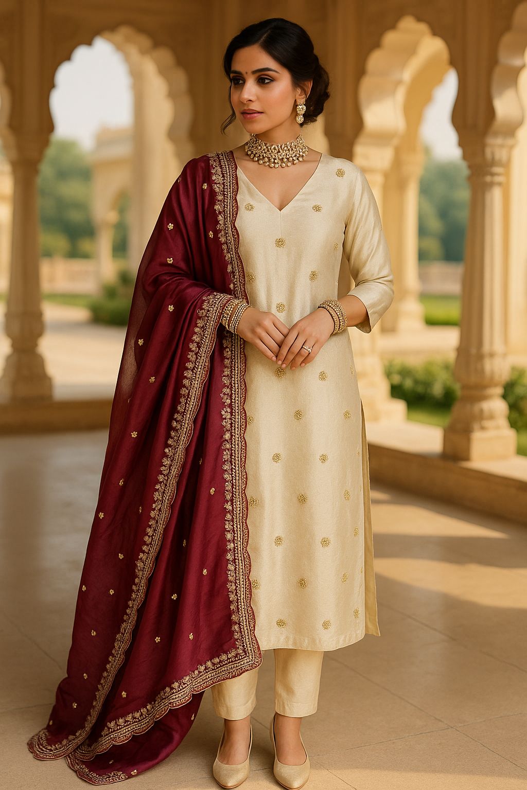 Ivory Gold Long Tissue Kurta with 3/4th Sleeves