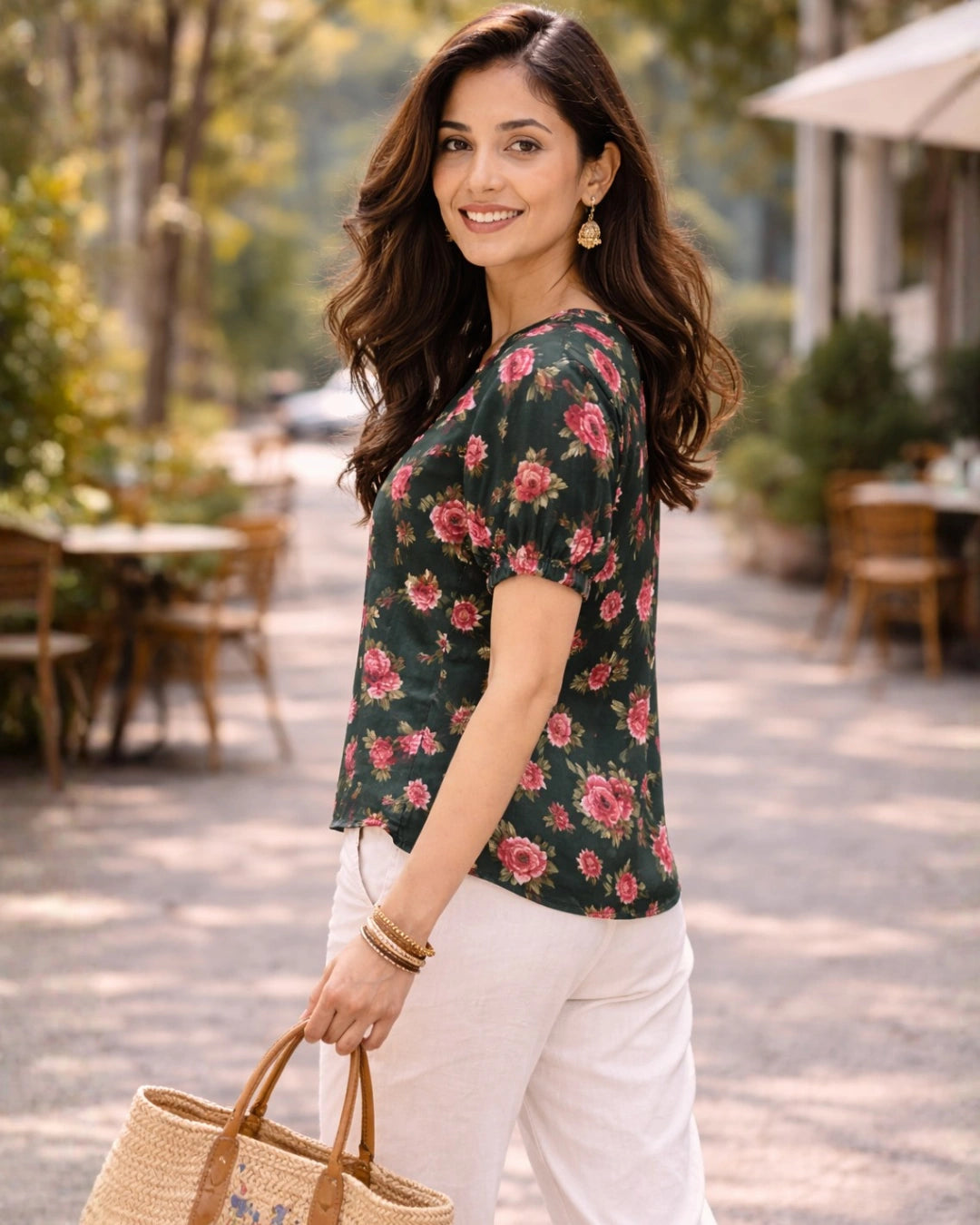 Floral Galore Dark green Satin Shirt for Women