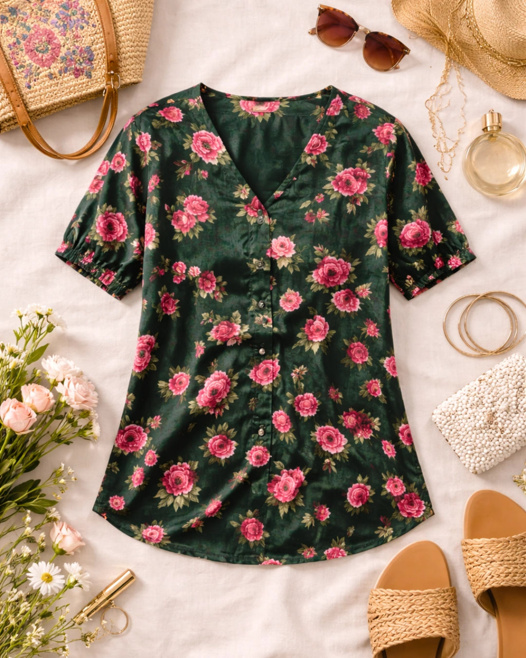 Floral Galore Dark green Satin Shirt for Women