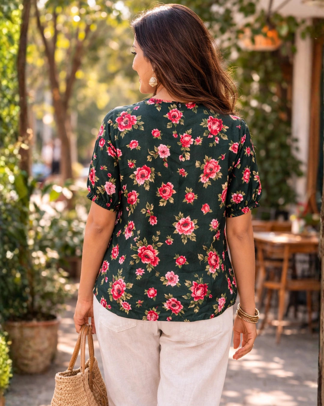 Floral Galore Dark green Satin Shirt for Women