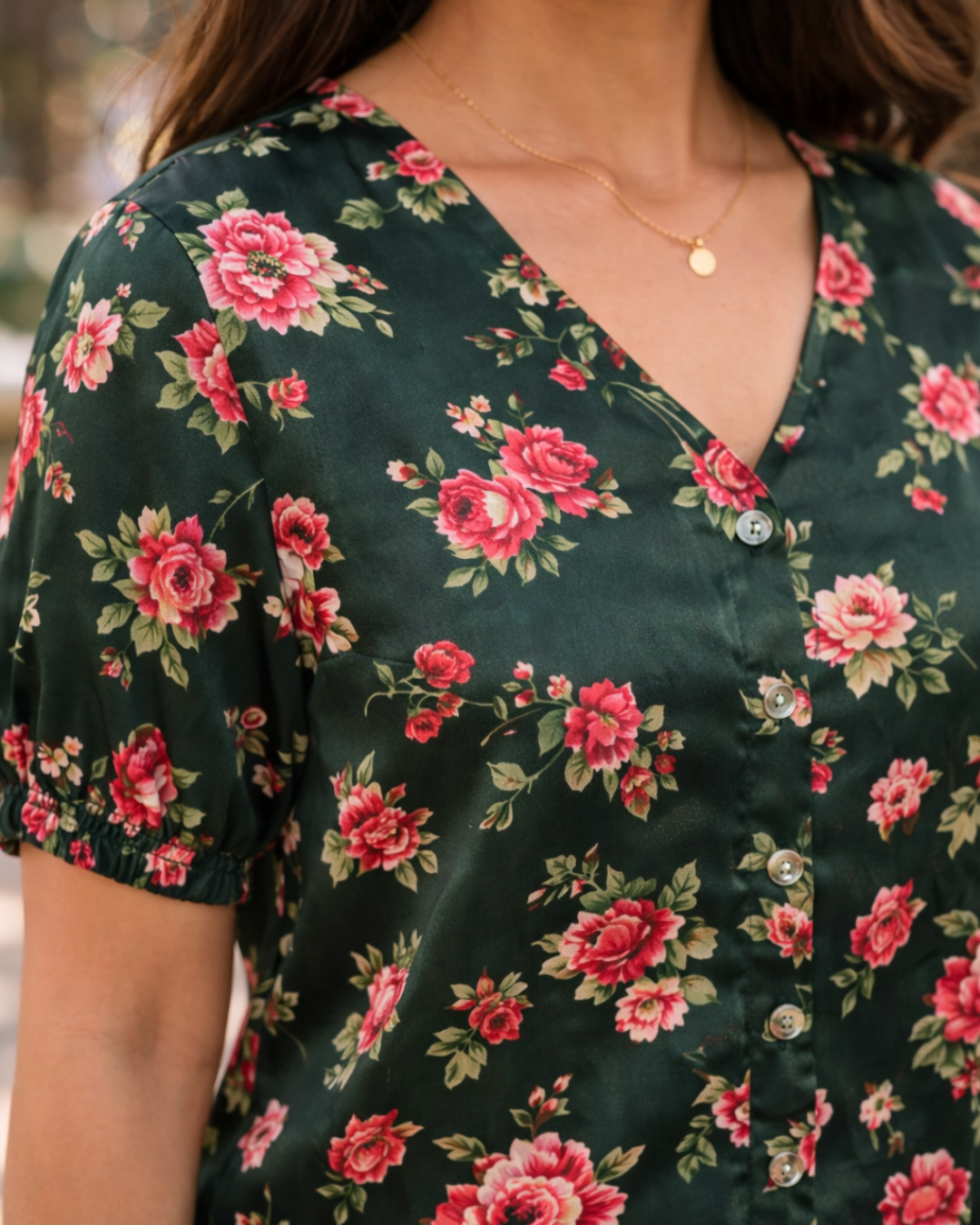 Floral Galore Dark green Satin Shirt for Women