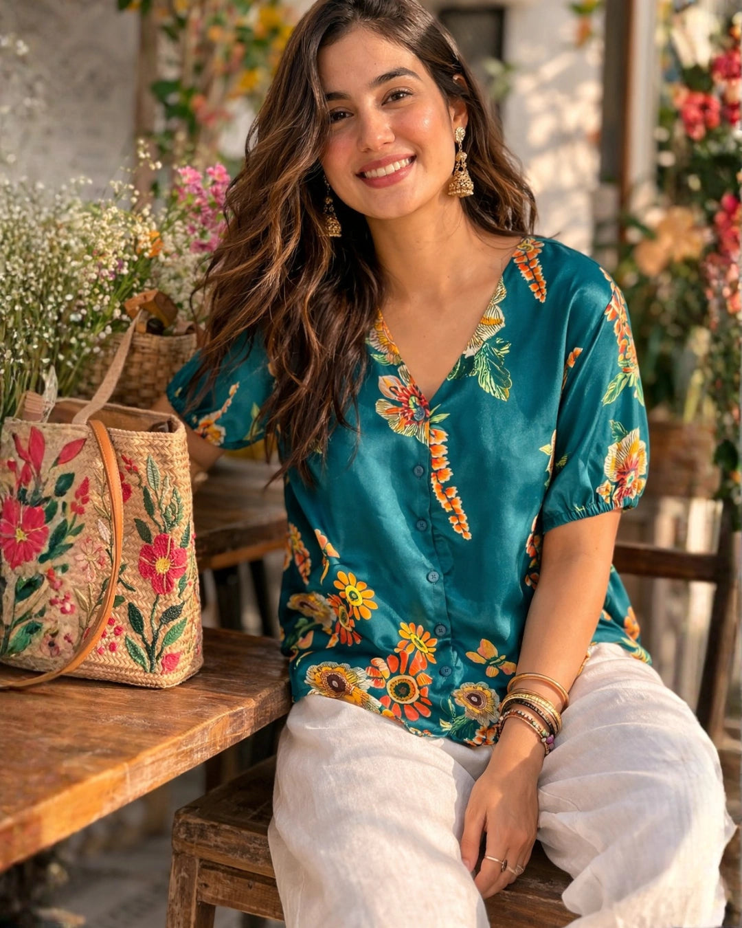 Floral Galore Teal Satin Shirt for Women