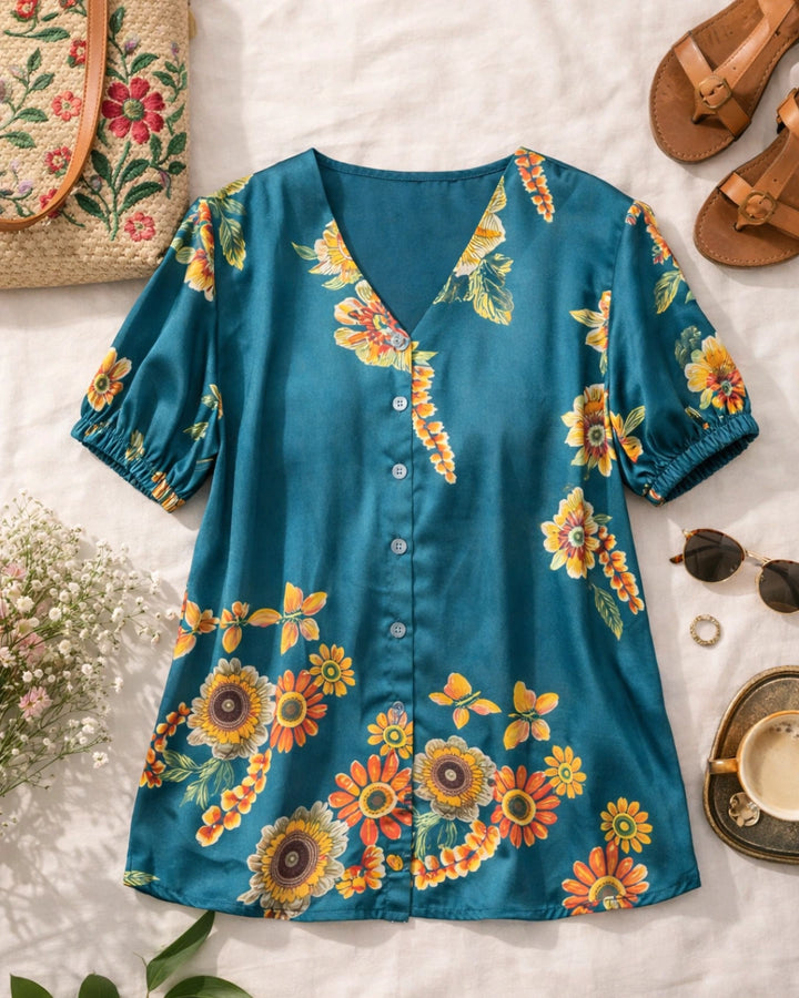 Floral Galore Teal Satin Shirt for Women