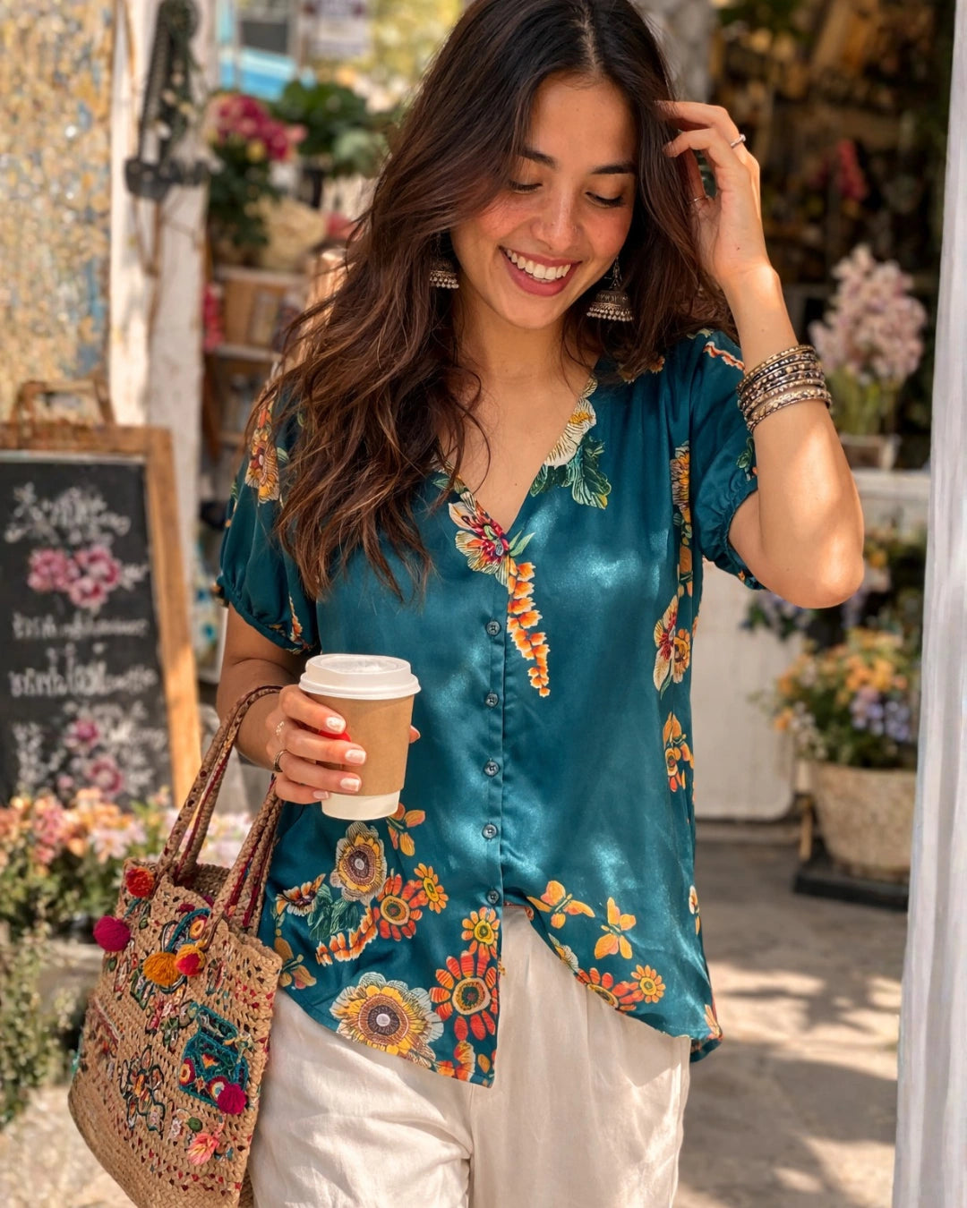 Floral Galore Teal Satin Shirt for Women